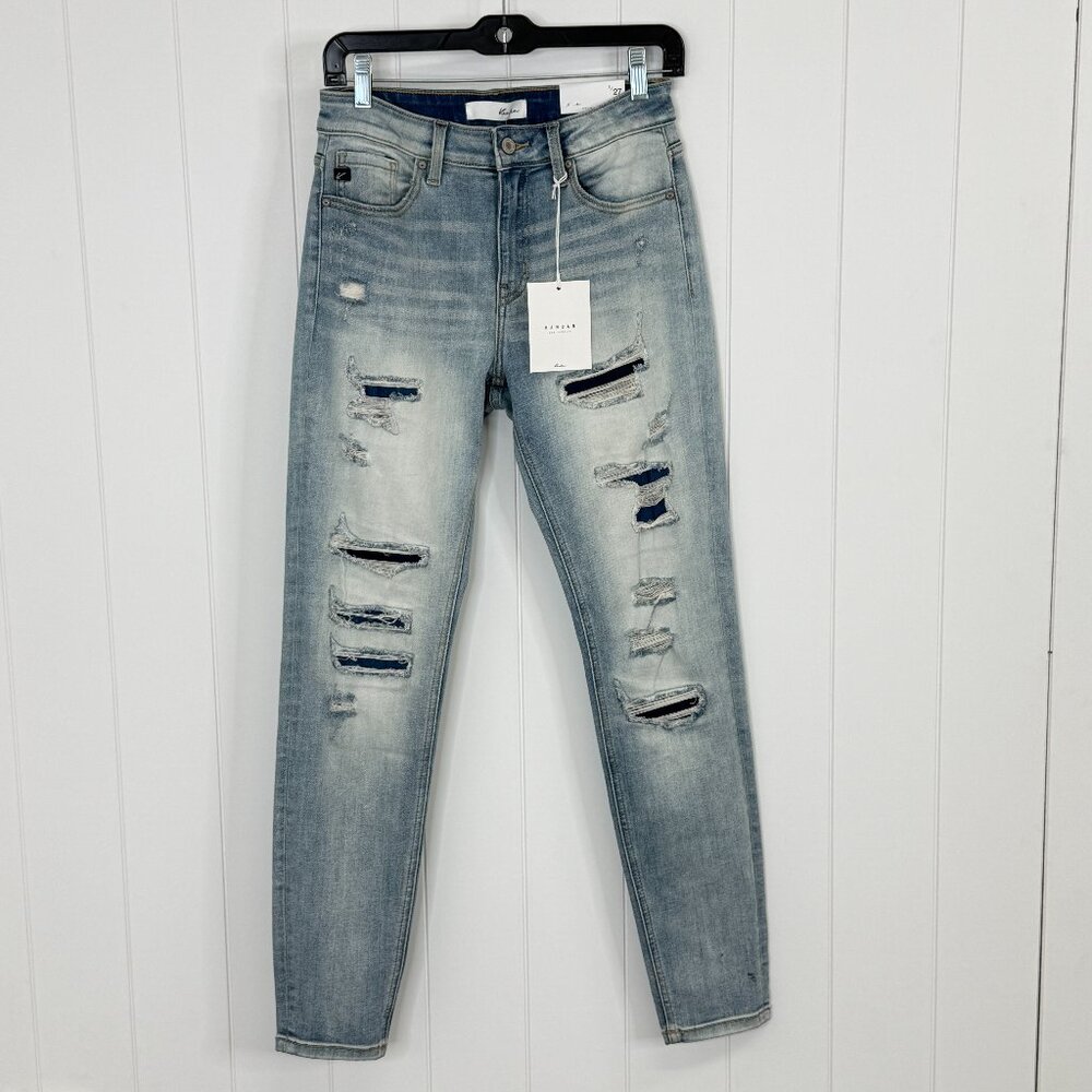 Kancan Destroyed Skinny Jeans Size 7 (27) Mid Rise Kan Can Stretch Light Wash